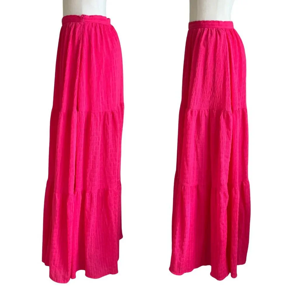 Pink Lily Hot Pink Maxi Tiered Skirt Side Slit Zip Waist Size S - Picture 3 of 9